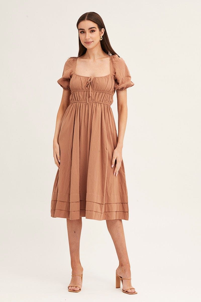 Brown Short Sleeve Ruched Midi Dress sold by Ally Fashion