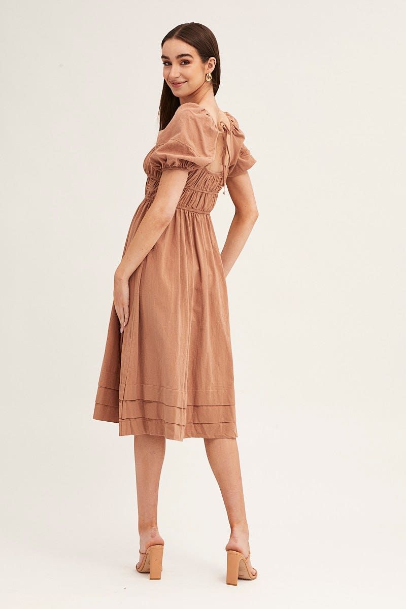 Brown Short Sleeve Ruched Midi Dress sold by Ally Fashion product image thumbnail 5