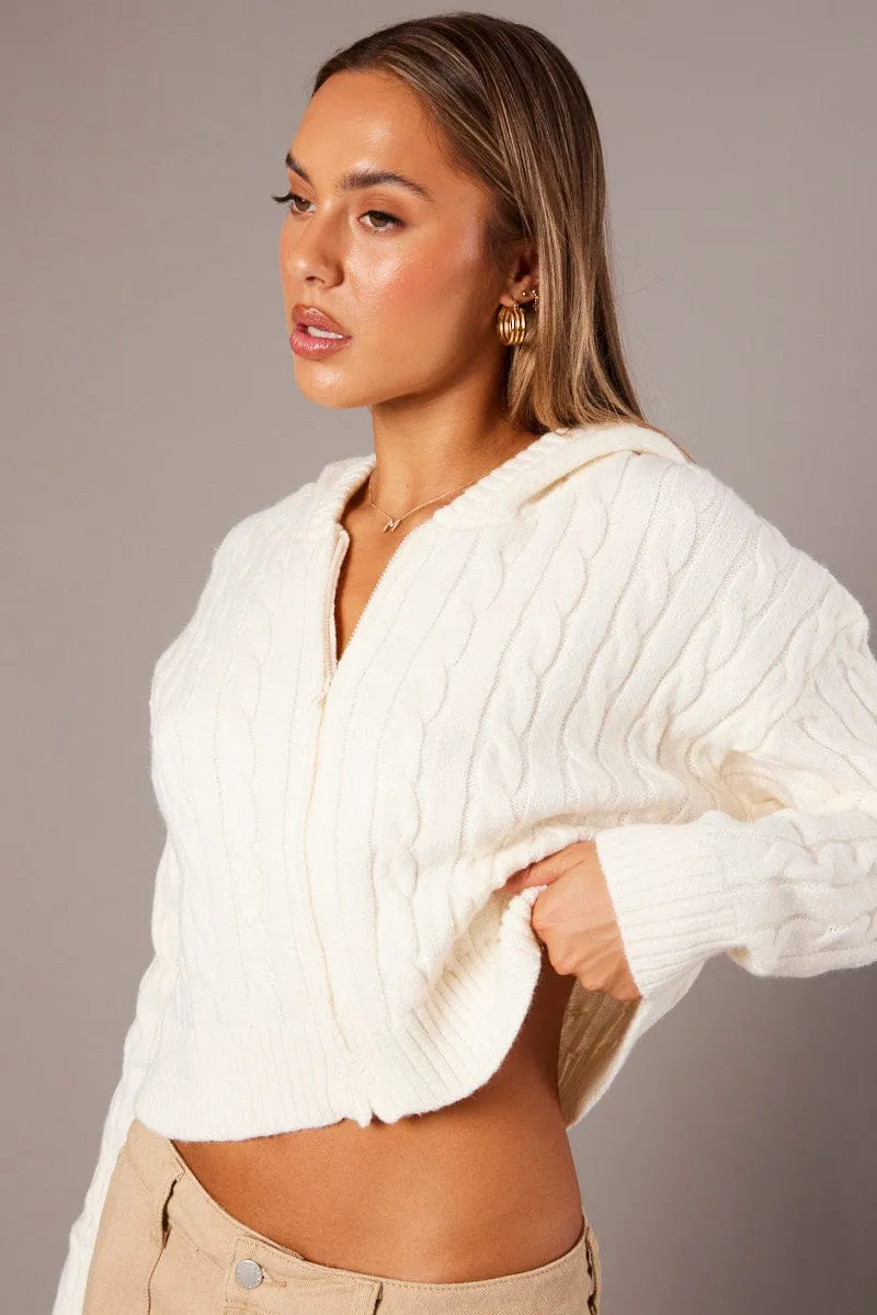 White Hooded Cardigan Long Sleeve Cable Knit Zip Up sold by Ally Fashion