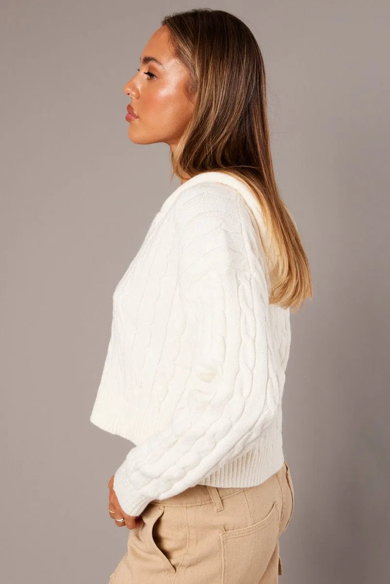 White Hooded Cardigan Long Sleeve Cable Knit Zip Up sold by Ally Fashion product image thumbnail 5
