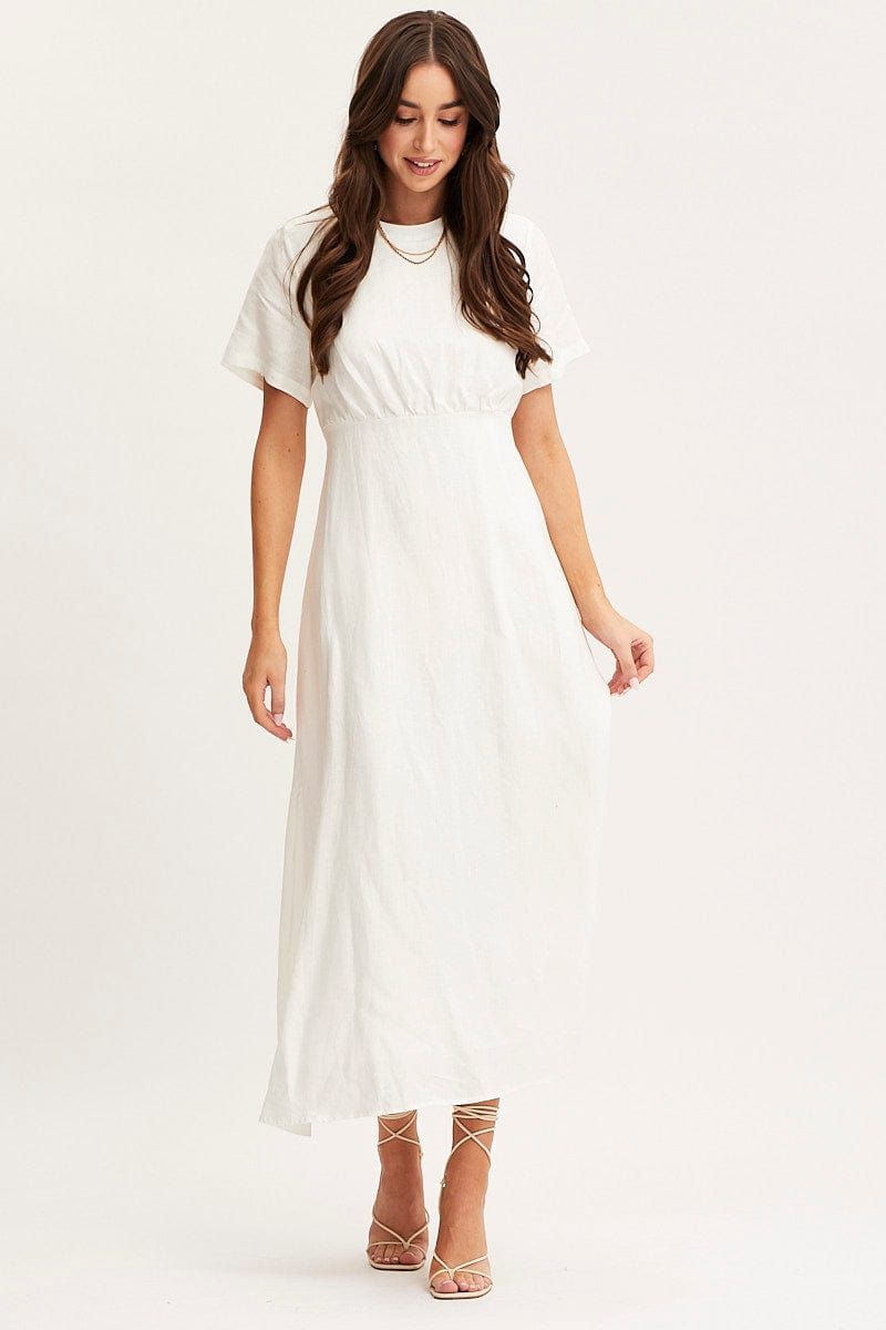 White Maxi Dress Short Sleeve Linen sold by Ally Fashion