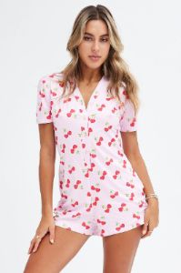 Pink Print Cherry Romper Button Through Nightwear Onesie sold by Ally Fashion