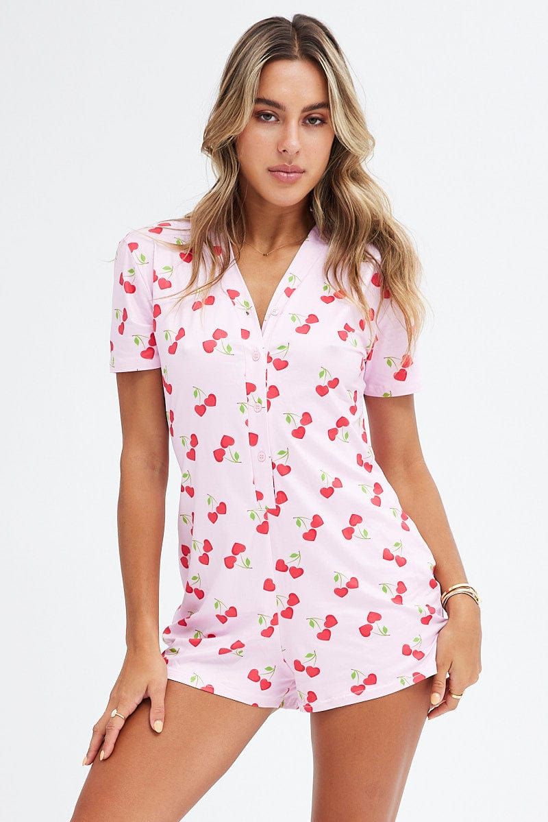 Pink Print Cherry Romper Button Through Nightwear Onesie sold by Ally Fashion product image thumbnail 4