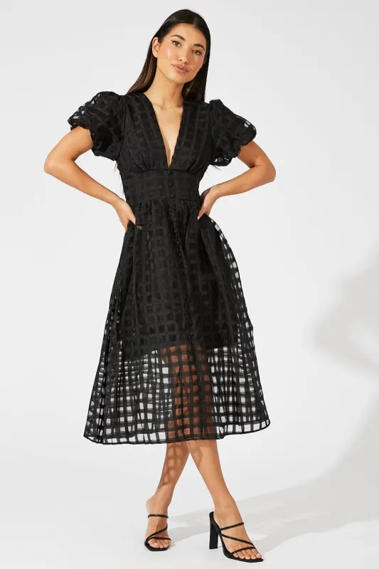 Black Midi Dress Puff Sleeve V-Neck sold by Ally Fashion