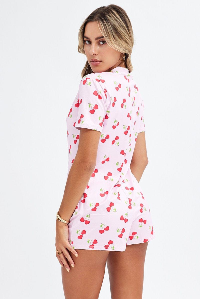 Pink Print Cherry Romper Button Through Nightwear Onesie sold by Ally Fashion product image thumbnail 5
