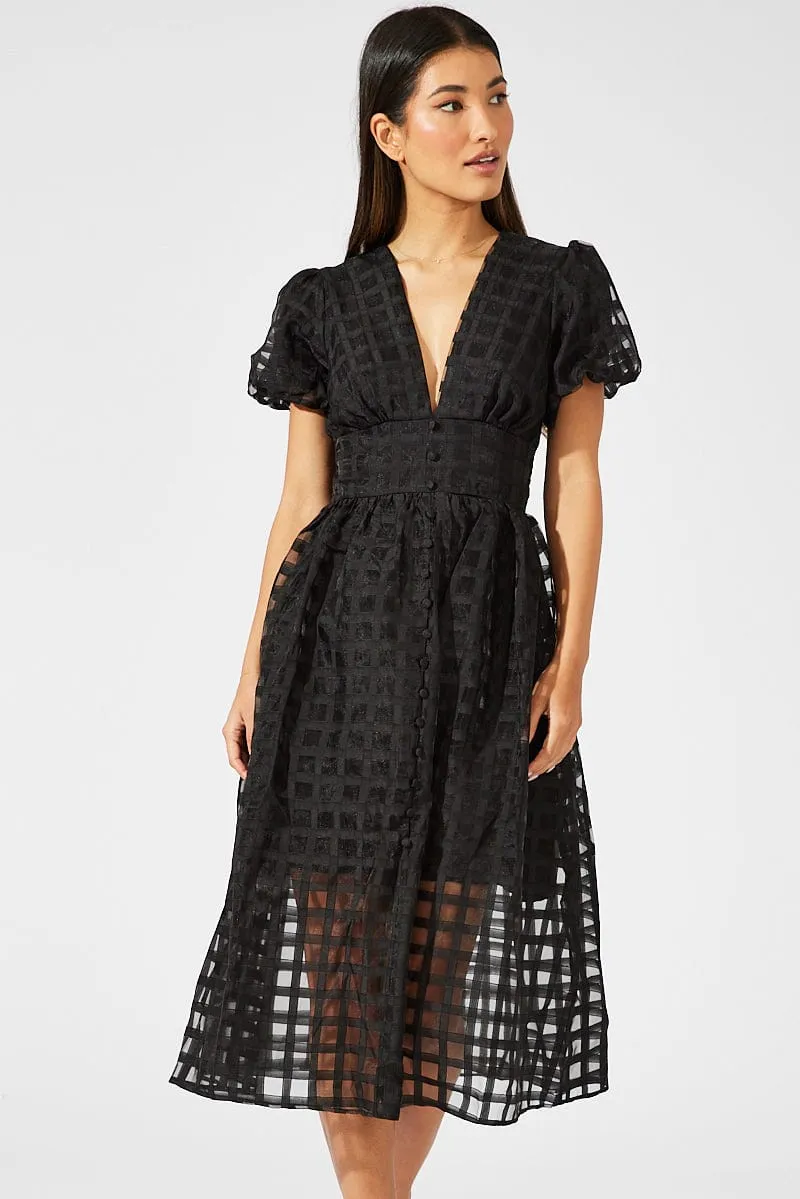 Black Midi Dress Puff Sleeve V-Neck sold by Ally Fashion product image thumbnail 2