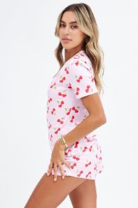 Pink Print Cherry Romper Button Through Nightwear Onesie sold by Ally Fashion