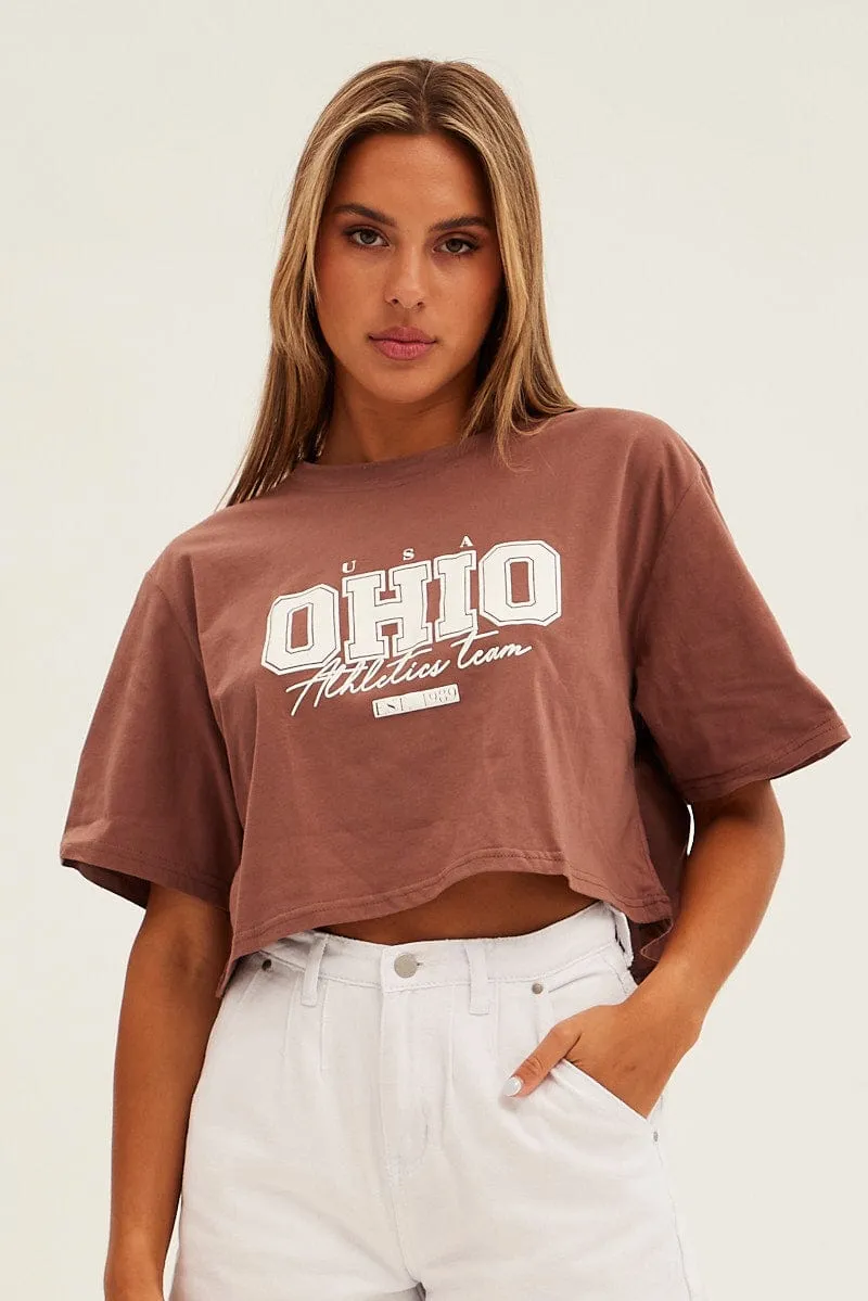 Brown Graphic T-Shirt Ohio Crew Short Sleeve sold by Ally Fashion product image thumbnail 3
