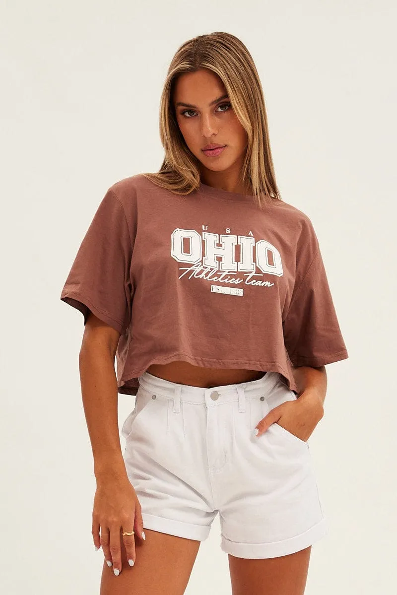 Brown Graphic T-Shirt Ohio Crew Short Sleeve sold by Ally Fashion
