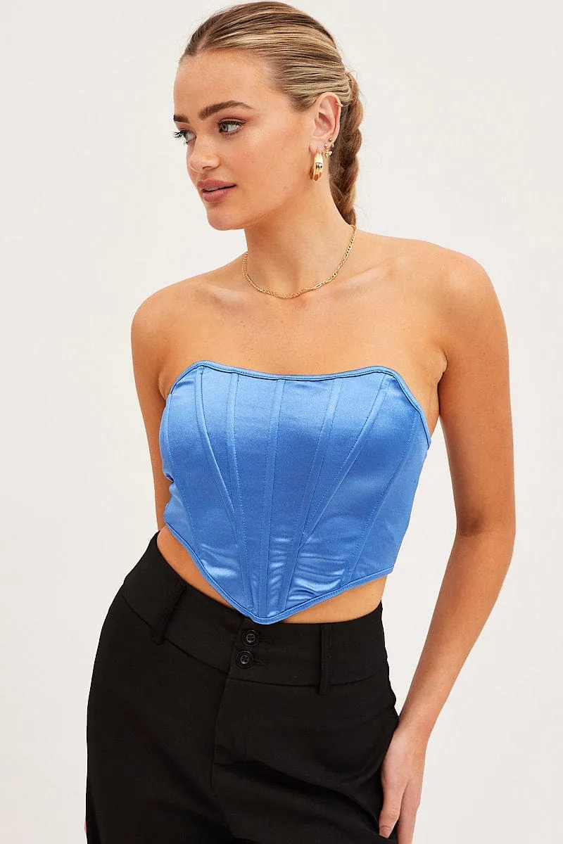 Blue Bandeau Sleeveless Strapless Stretch Satin sold by Ally Fashion