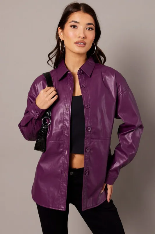 Purple Faux Leather Shacket Long Sleeves sold by Ally Fashion
