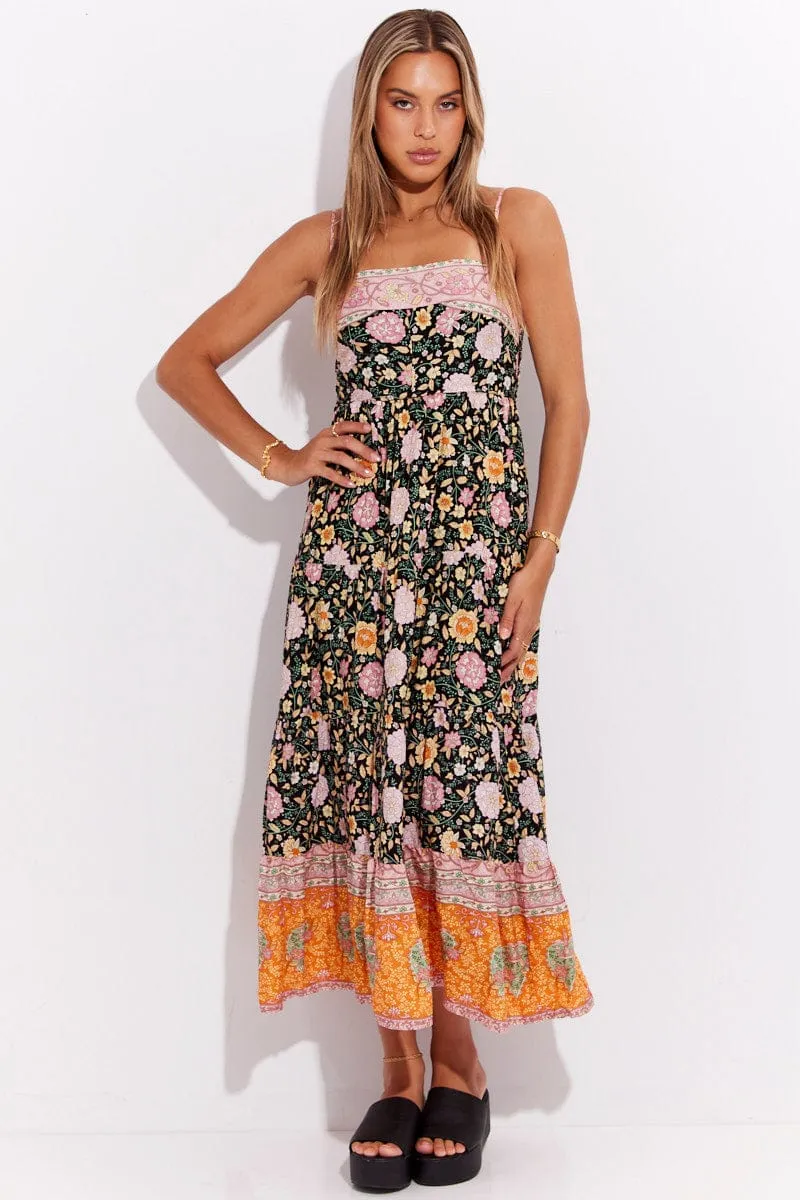 Boho Print Boho Sleeveless Shirred Back Tiered Maxi Dress sold by Ally Fashion