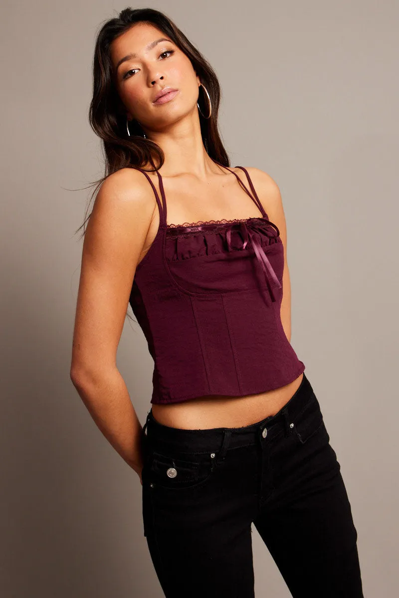 Red Cami Top Sleeveless Ruched Ribbon sold by Ally Fashion