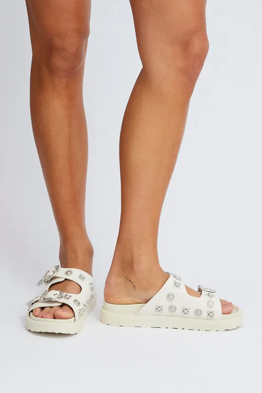 White Buckle Studded Western Footbed Sandal sold by Ally Fashion