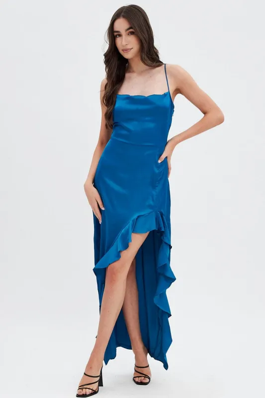 Blue Ruffle Maxi Satin Cowl Neck Dress sold by Ally Fashion