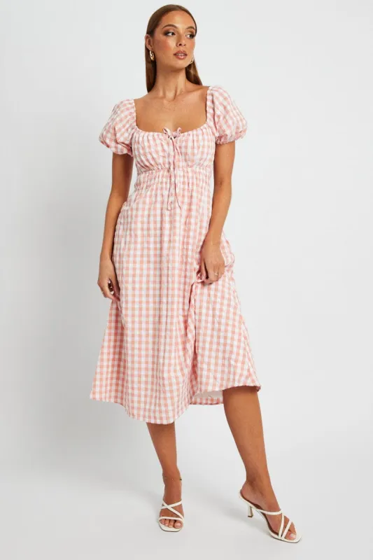 Pink Check Midi Dress Short Sleeve Ruched Bust sold by Ally Fashion