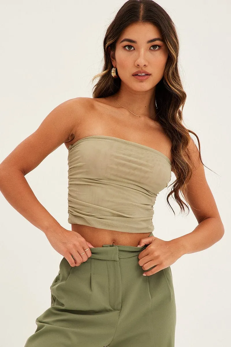Green Mesh Bandeau Strapless Ruched Crop sold by Ally Fashion