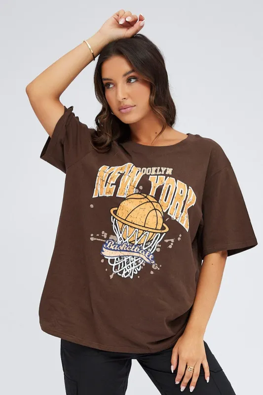 Brown Graphic Tee Short Sleeve Oversized Round Neck sold by Ally Fashion