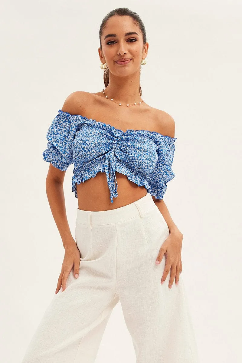 Ditsy Print Shirred Top Short Sleeve Crop Rayon sold by Ally Fashion