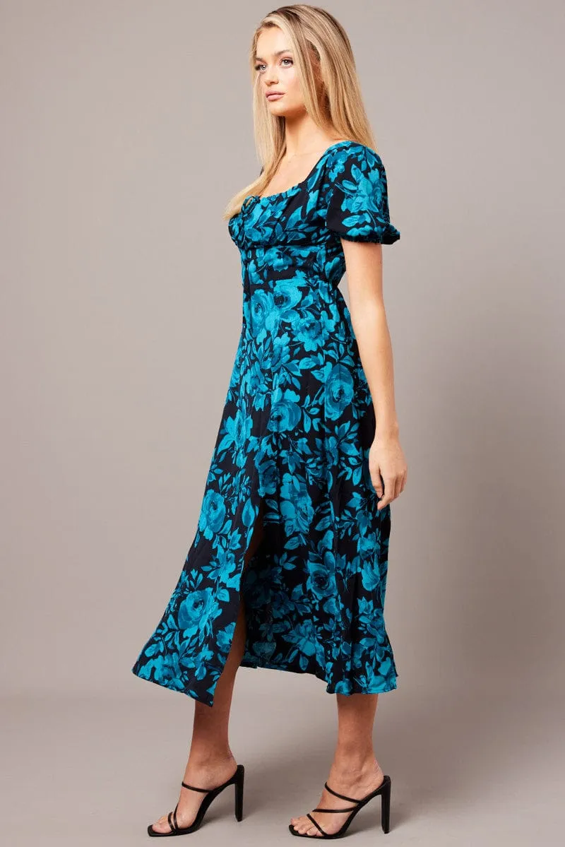 Blue Floral Midi Dress Short Sleeve Ruched Bust sold by Ally Fashion product image thumbnail 4