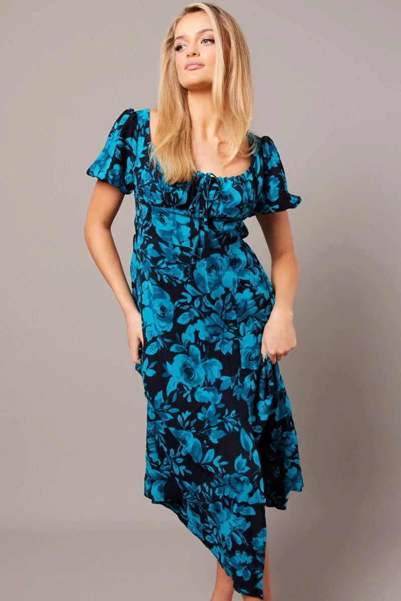 Blue Floral Midi Dress Short Sleeve Ruched Bust sold by Ally Fashion