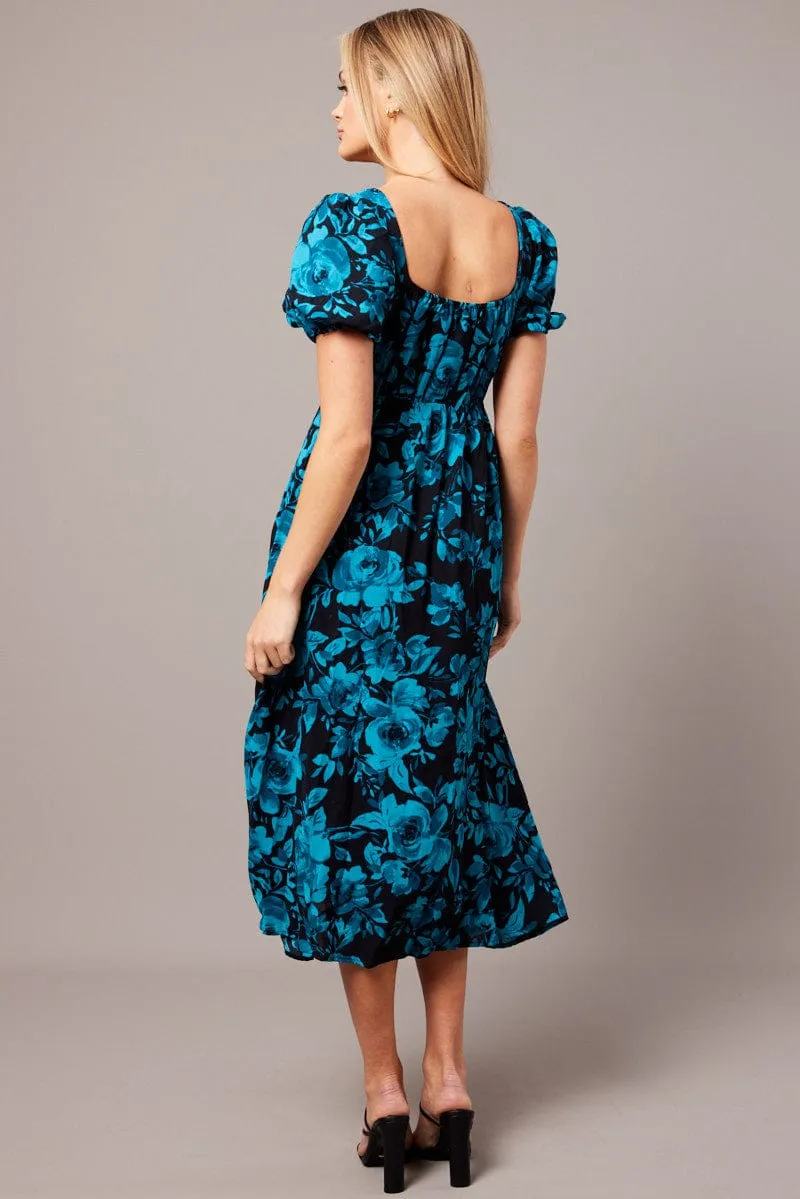 Blue Floral Midi Dress Short Sleeve Ruched Bust sold by Ally Fashion product image thumbnail 5