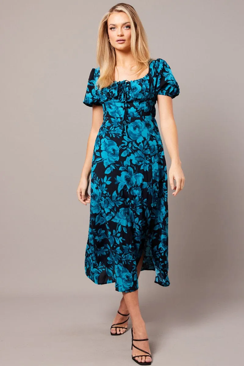 Blue Floral Midi Dress Short Sleeve Ruched Bust sold by Ally Fashion product image thumbnail 3