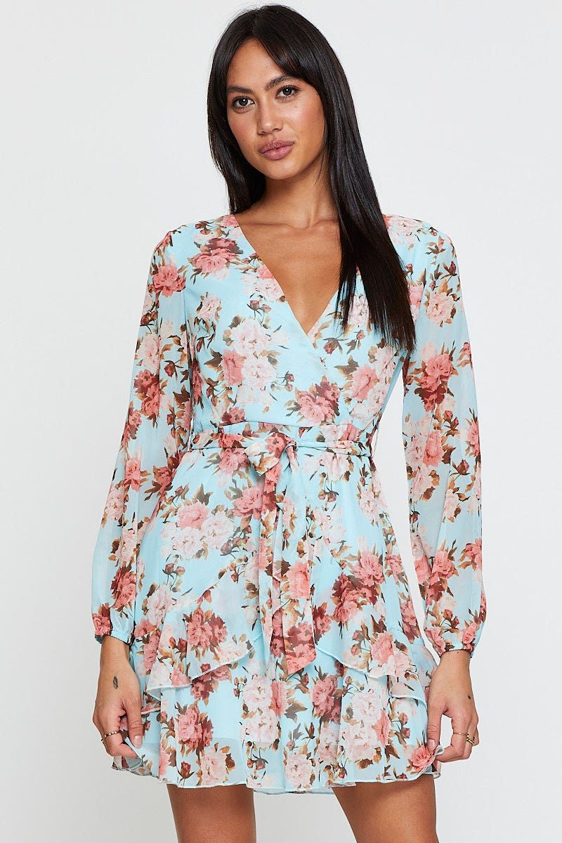 Print Mini Dress Long Sleeve V Neck sold by Ally Fashion