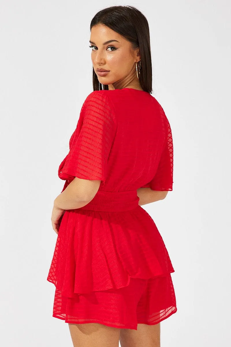 Red Playsuit Tie Front Wing Sleeve sold by Ally Fashion product image thumbnail 5