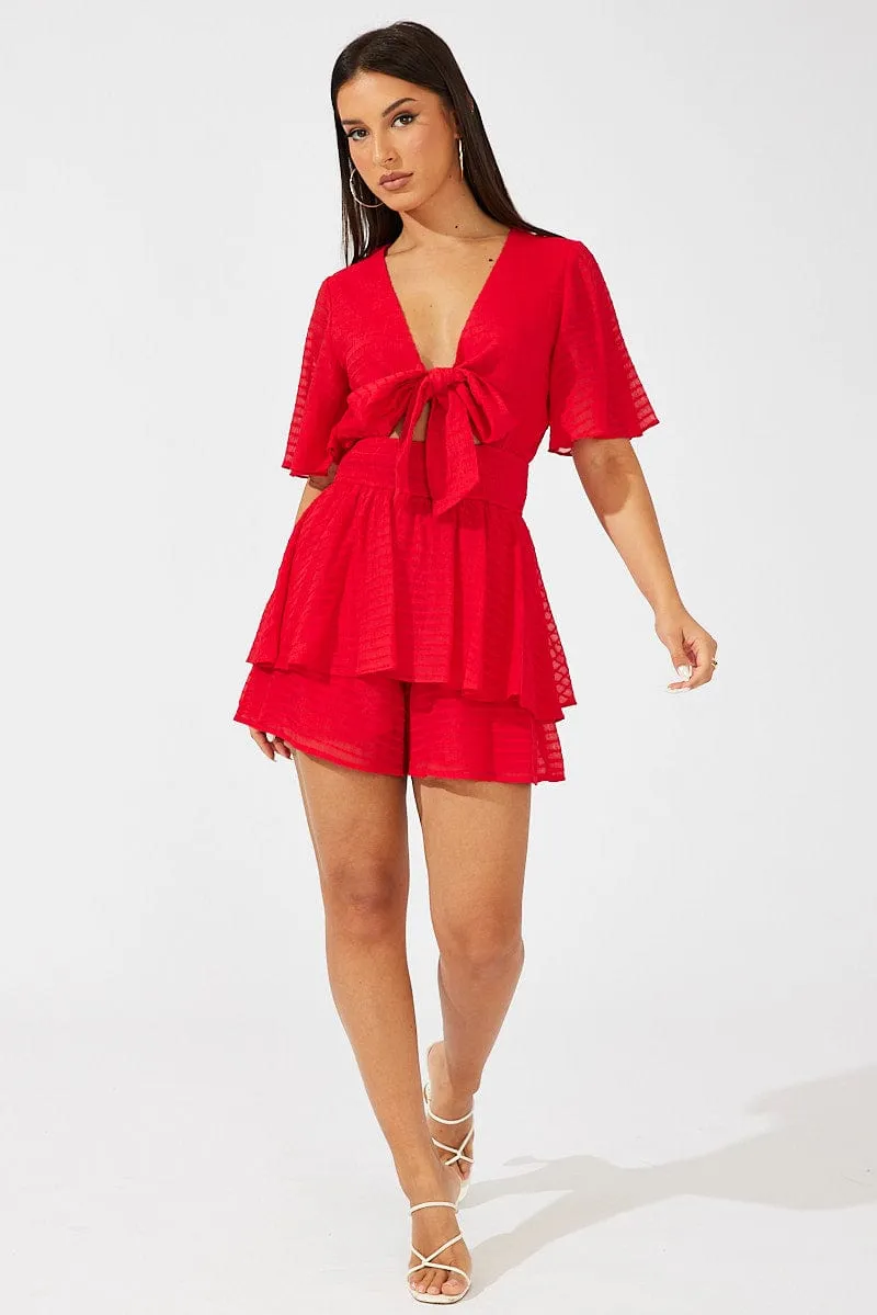 Red Playsuit Tie Front Wing Sleeve sold by Ally Fashion product image thumbnail 2