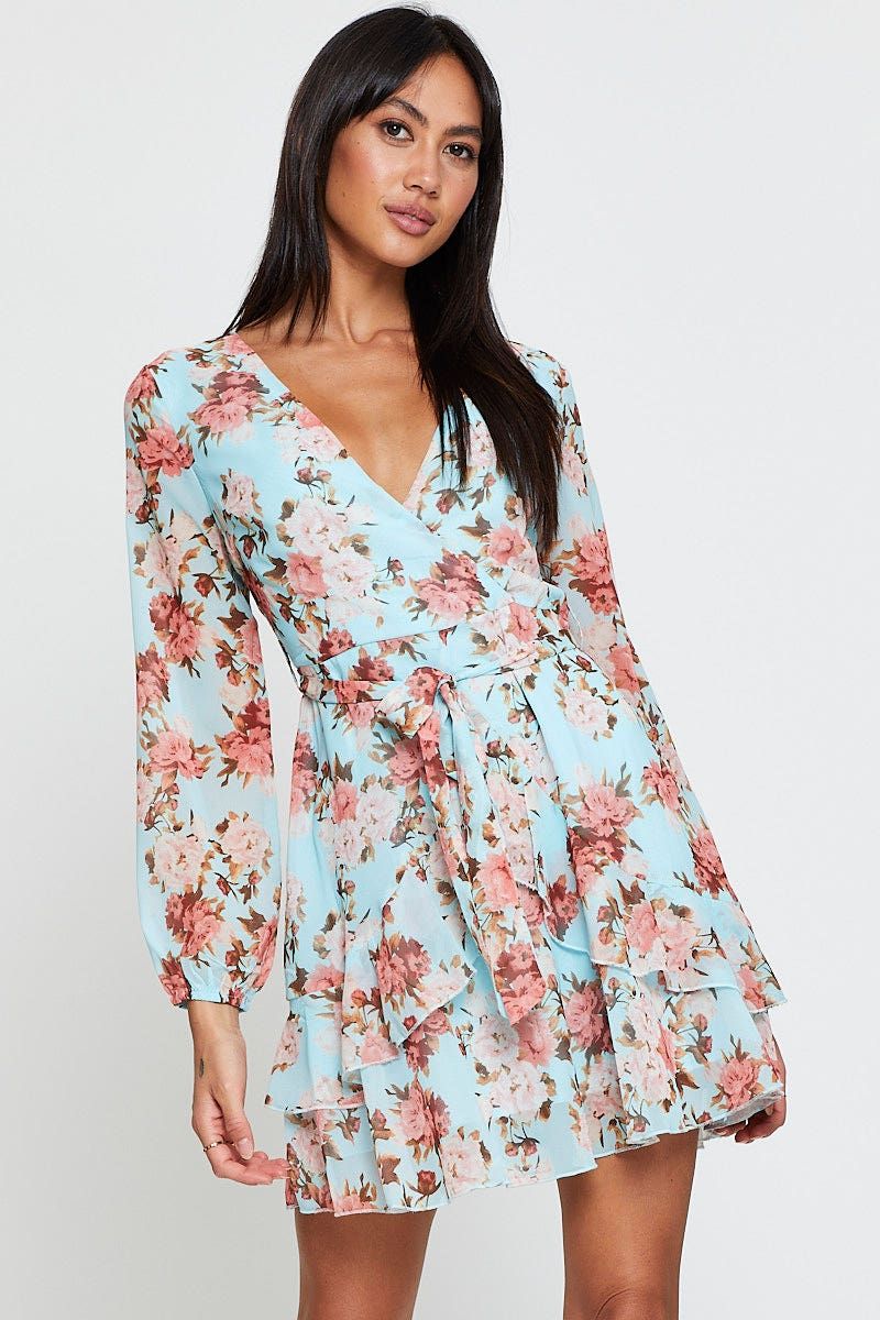 Print Mini Dress Long Sleeve V Neck sold by Ally Fashion product image thumbnail 3