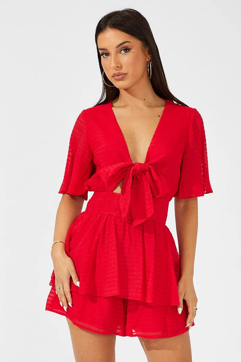 Red Playsuit Tie Front Wing Sleeve sold by Ally Fashion product image thumbnail 3