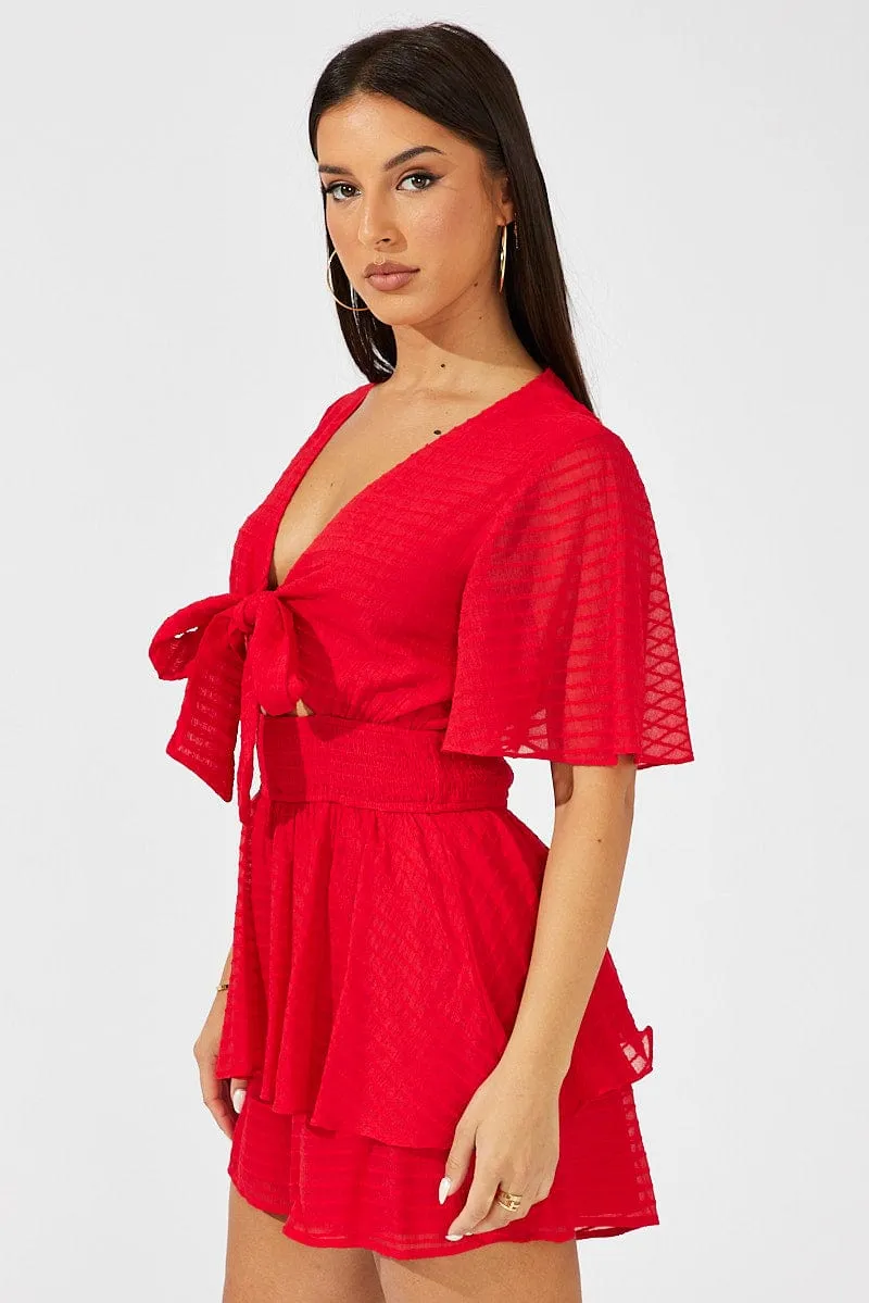 Red Playsuit Tie Front Wing Sleeve sold by Ally Fashion product image thumbnail 4