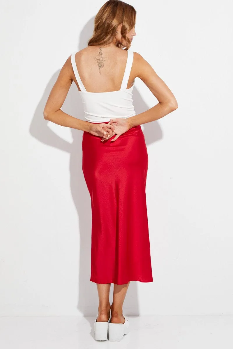 Red Slip Skirt Midi High Rise Satin sold by Ally Fashion product image thumbnail 5