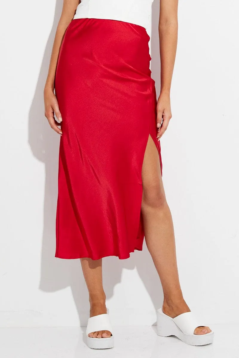 Red Slip Skirt Midi High Rise Satin sold by Ally Fashion product image thumbnail 2