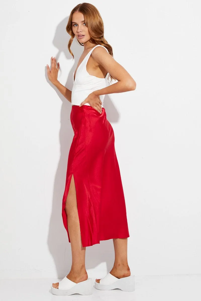 Red Slip Skirt Midi High Rise Satin sold by Ally Fashion product image thumbnail 4