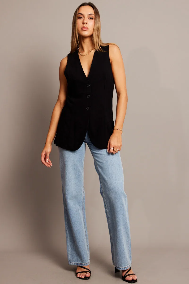 Black Linen Vest Longline V neck sold by Ally Fashion product image thumbnail 2
