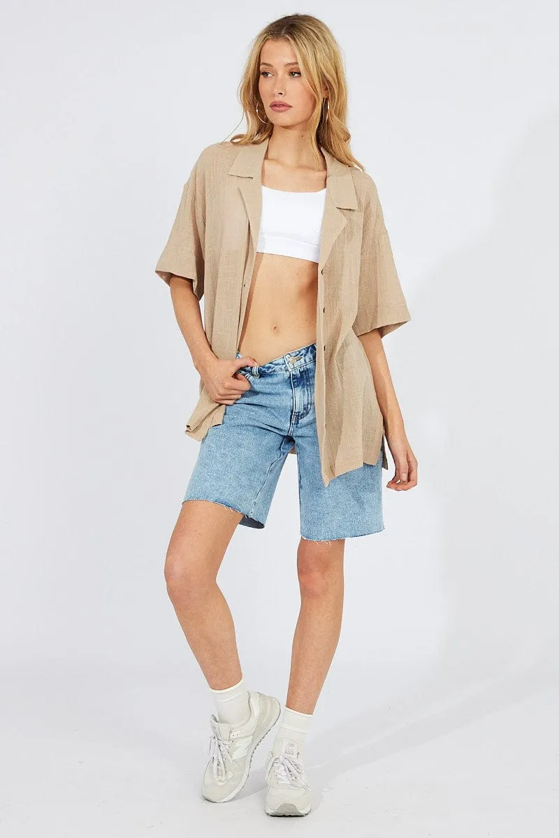 Beige Shirt Short Sleeve Collared Neck sold by Ally Fashion product image thumbnail 2