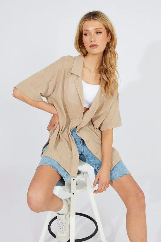 Beige Shirt Short Sleeve Collared Neck sold by Ally Fashion