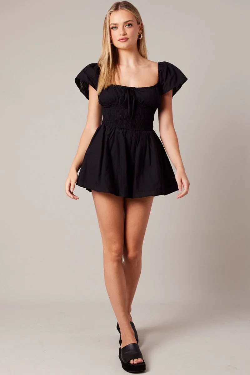 Black Shirred Playsuit Short Sleeve sold by Ally Fashion product image thumbnail 2