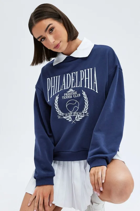 Blue Embroidered Sweater With Collar Varsity Sweat sold by Ally Fashion