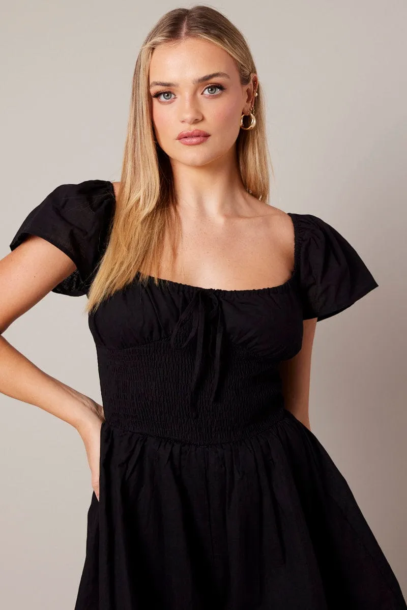 Black Shirred Playsuit Short Sleeve sold by Ally Fashion product image thumbnail 3
