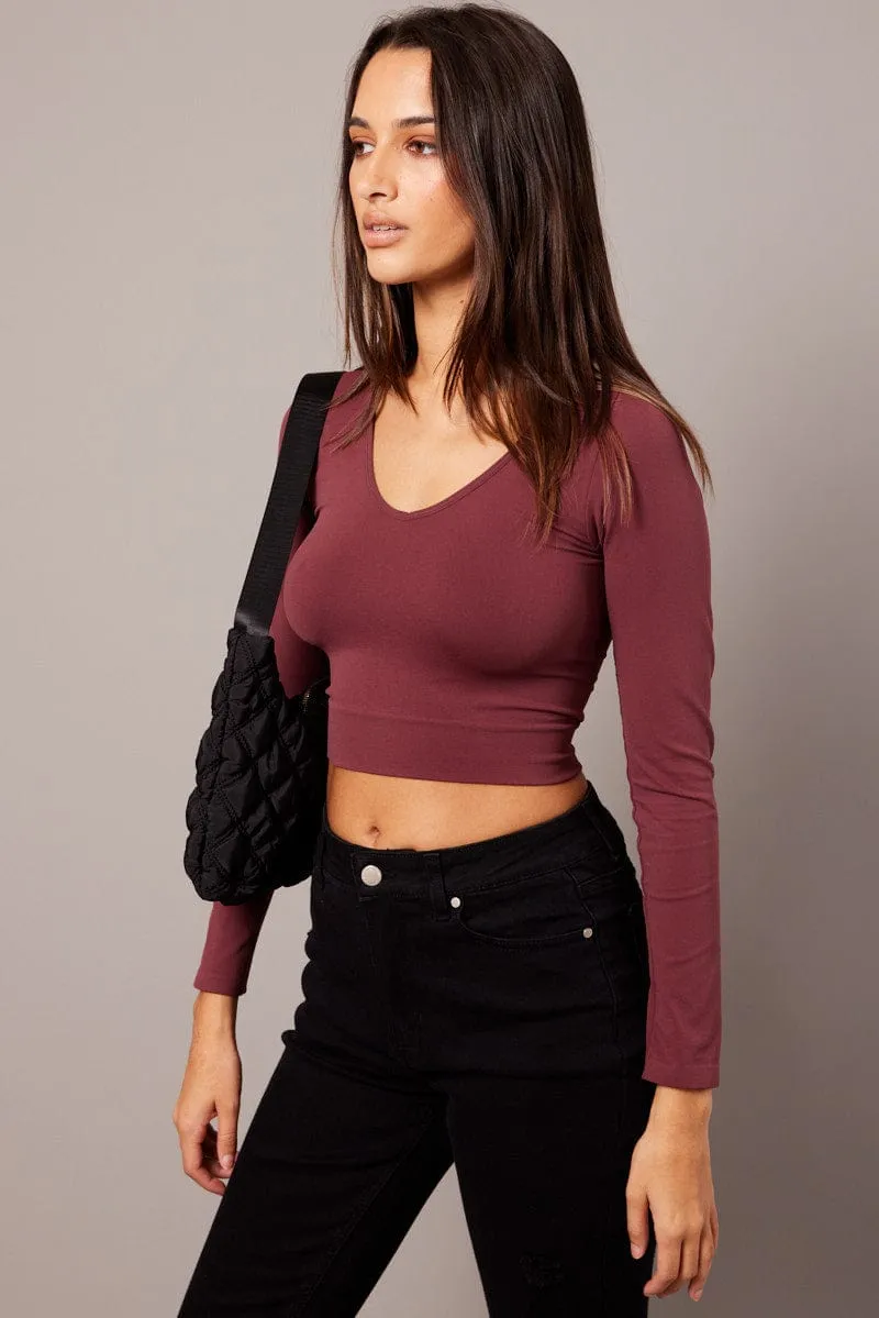 Red Top Seamless Long Sleeve V Neck Cropped sold by Ally Fashion product image thumbnail 4