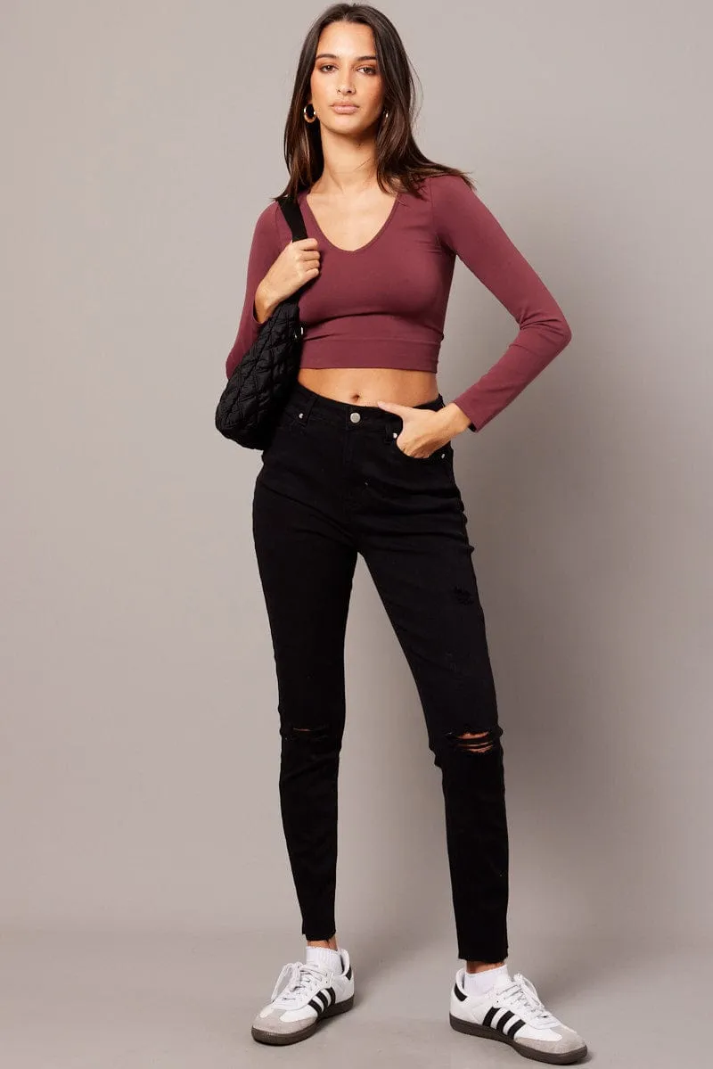 Red Top Seamless Long Sleeve V Neck Cropped sold by Ally Fashion product image thumbnail 2
