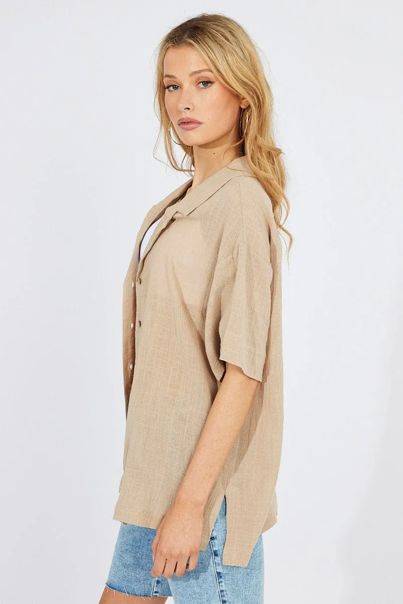Beige Shirt Short Sleeve Collared Neck sold by Ally Fashion product image thumbnail 4