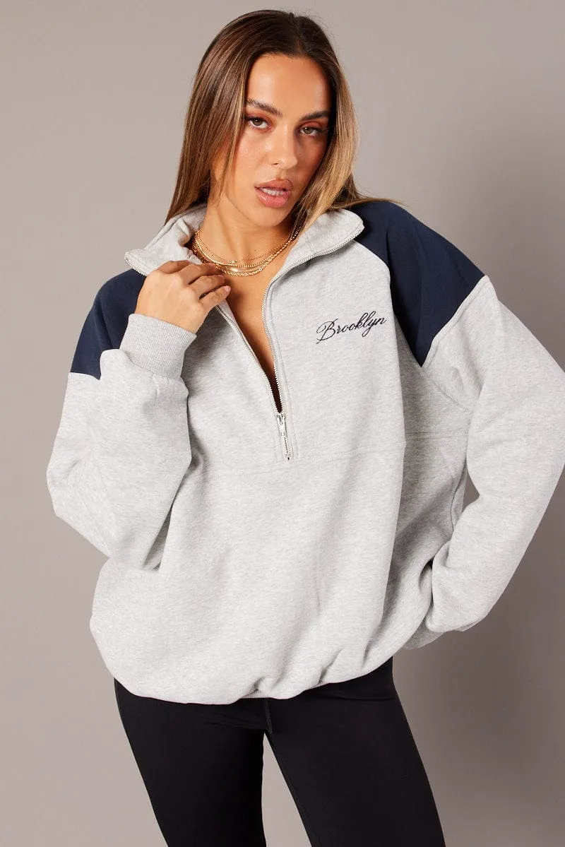 Grey Zip Sweater Funnel Neck Oversized sold by Ally Fashion