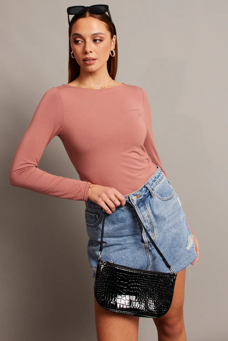 Pink Top Long Sleeve Boat Neck Modal sold by Ally Fashion
