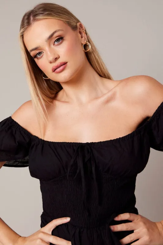 Black Shirred Playsuit Short Sleeve sold by Ally Fashion