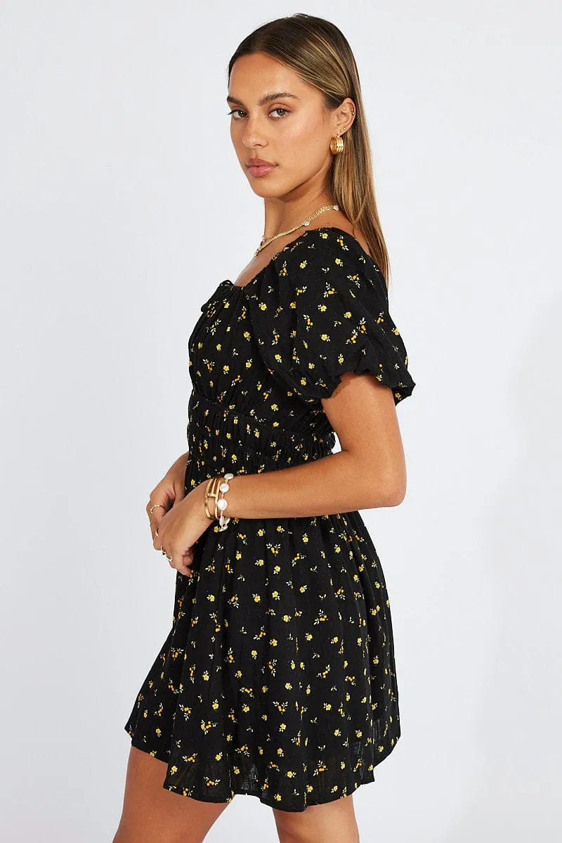 Black Floral Fit And Flare Dress Puff Sleeve Mini sold by Ally Fashion product image thumbnail 4