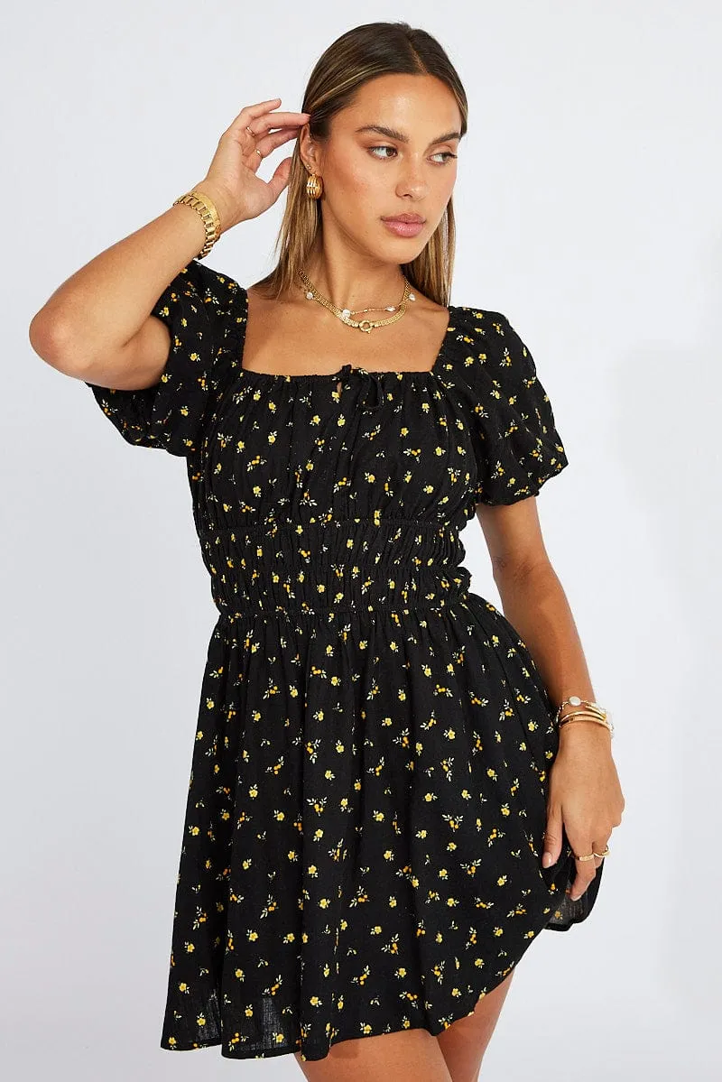 Black Floral Fit And Flare Dress Puff Sleeve Mini sold by Ally Fashion